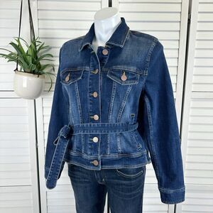 cabi 5662 Dylan Denim Jean Jacket Dark Greenwich Wash Tie Belt Fringe Size M‎